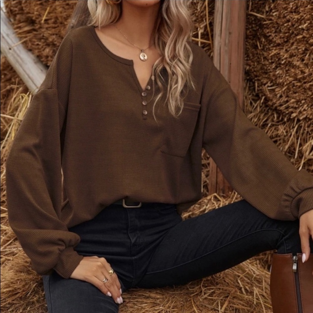 Kara and Kate Brown Top with Notched Collar and Front Pocket- M & XL - Picture 3 of 6